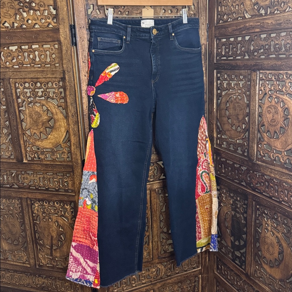 BLOOMWOOD Handmade Upcycled Kantha patchwork  Wide Leg  Denim Jeans